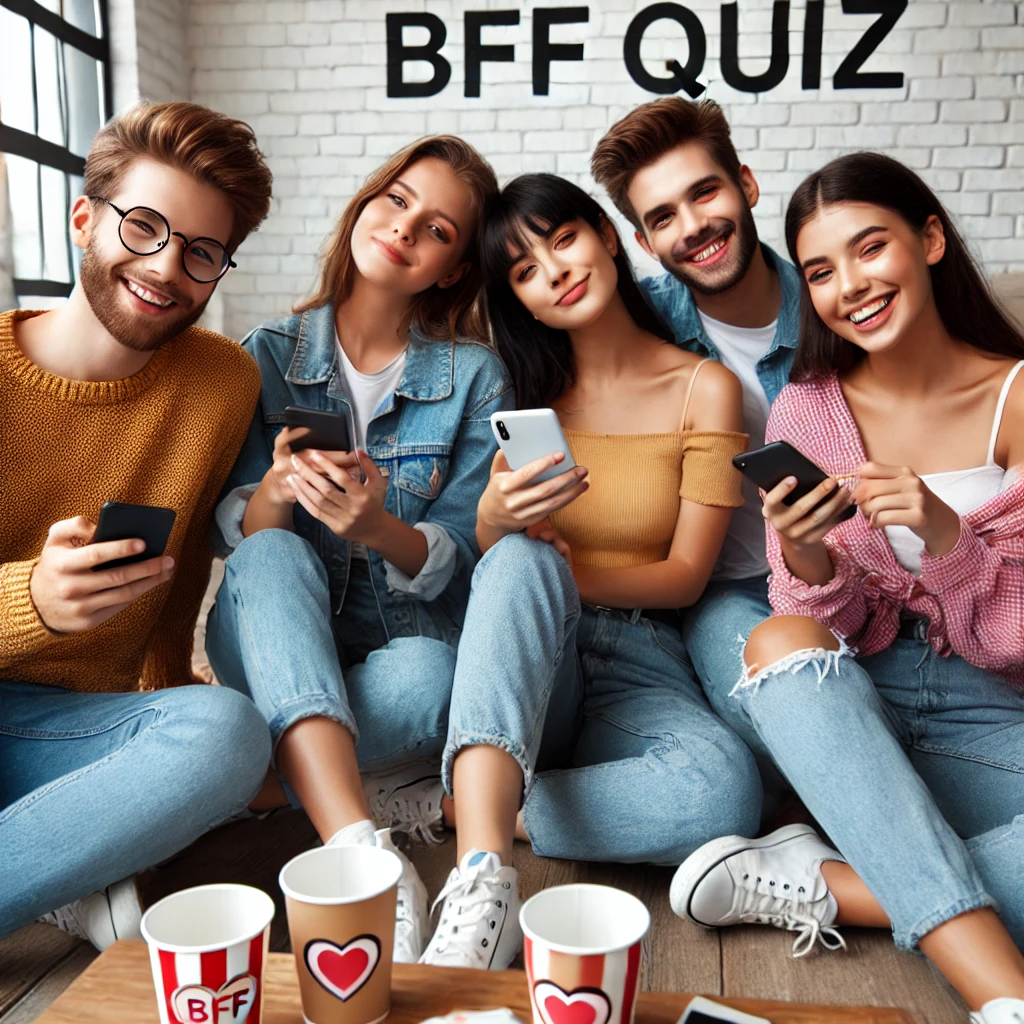 Group of friends sitting together, each with a smartphone, taking a BFF quiz, and having a good time.