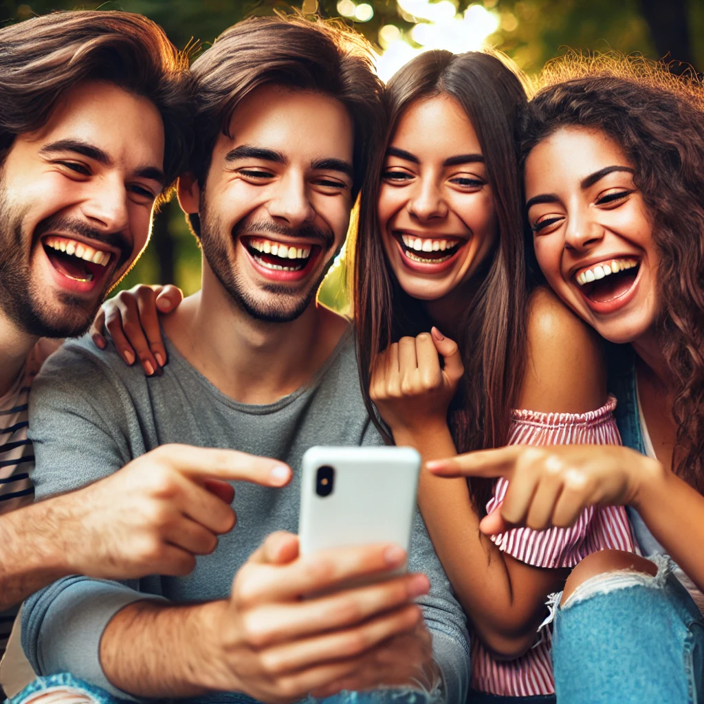 Friends laughing and pointing at a smartphone screen, taking a BFF quiz outdoors in a park.