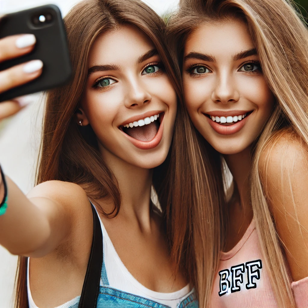 Two best friends taking a selfie with a smartphone after completing a BFF quiz, looking happy and excited.